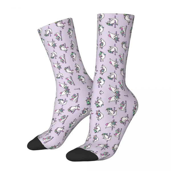 Pair of lavender socks with colorful dancing unicorns and black toes