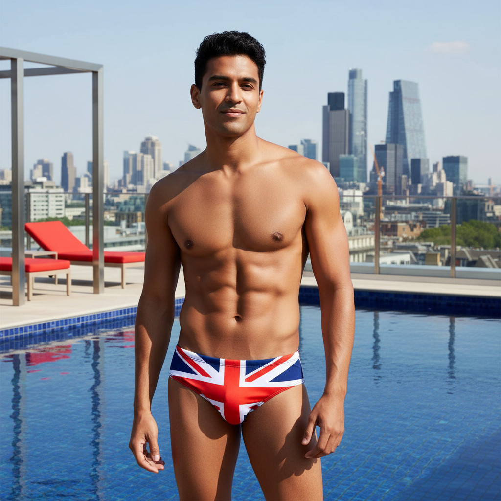 A smiling person wears Union Jack Wide Swim Briefs by a rooftop pool, London skyline and skyscrapers behind