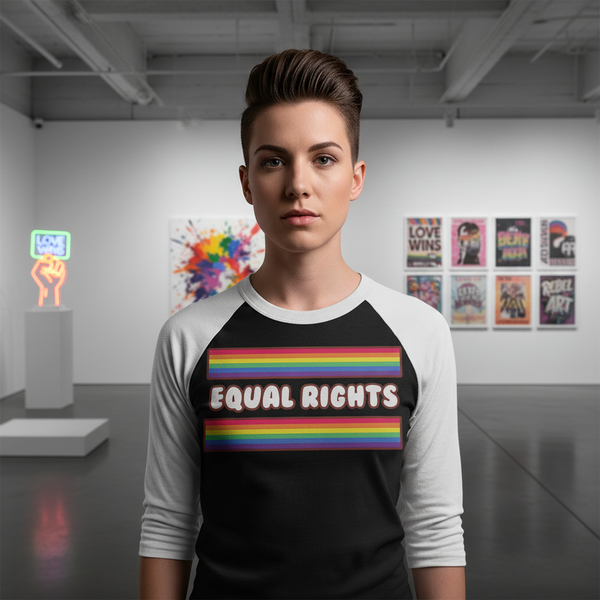 Front-facing model wearing a black-and-white raglan shirt reading “EQUAL RIGHTS” with rainbow stripes