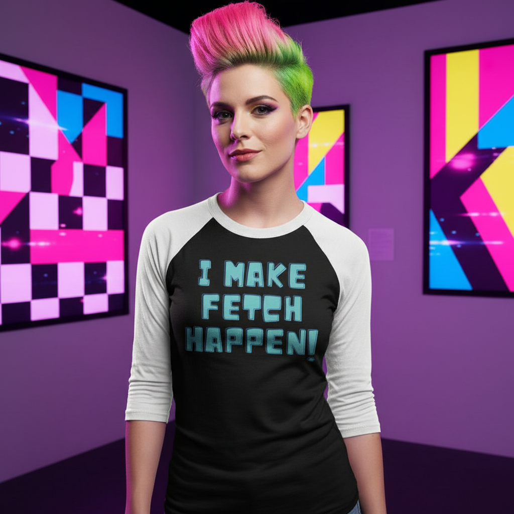 Front view of a person wearing a black raglan shirt with white sleeves reading “I MAKE FETCH HAPPEN!”