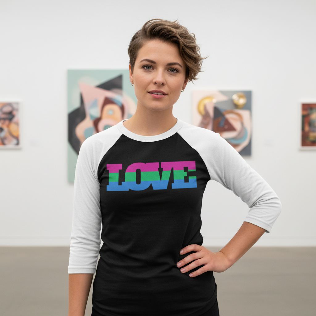 Polysexual "LOVE" 3/4 sleeve raglan tee with bold, colorful text; short-haired person beams in front of abstract art.
