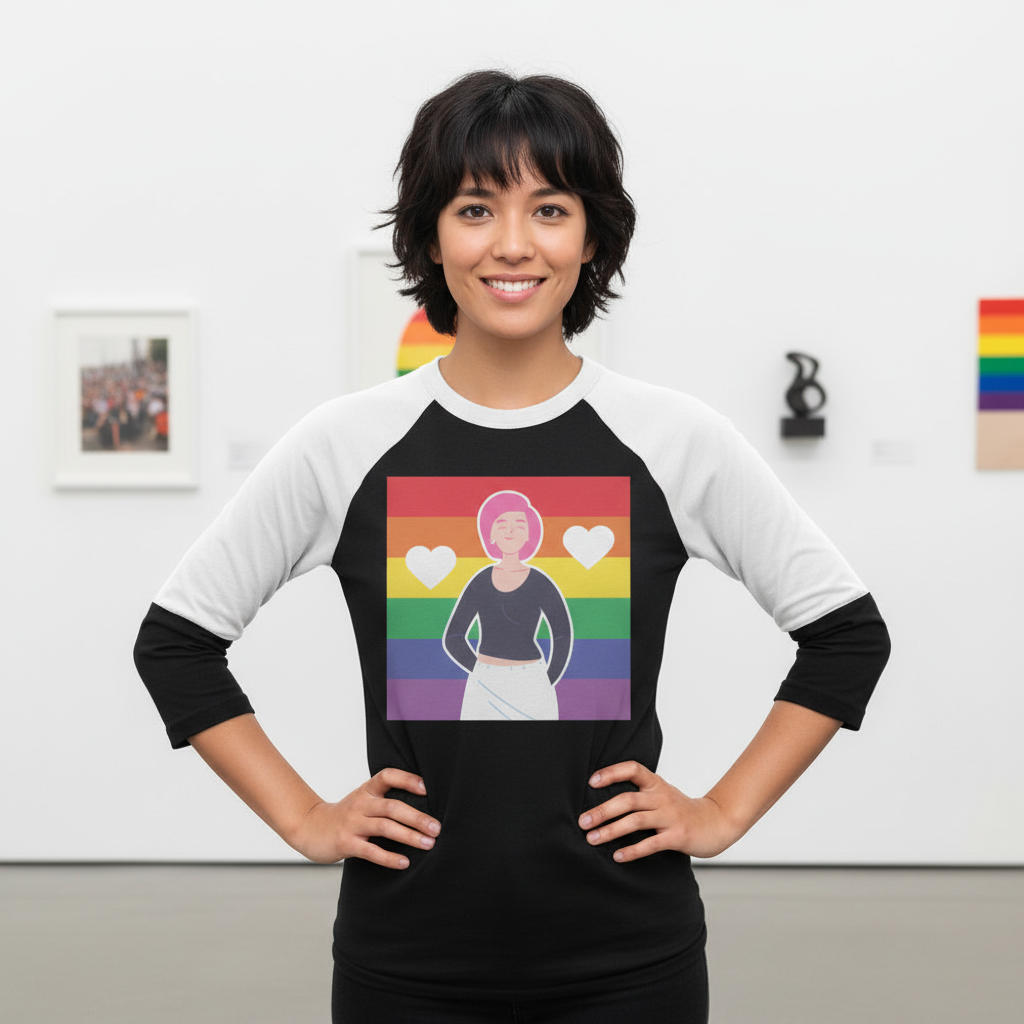 3/4 sleeve raglan tee reads “Queer Love Is Love Is Love,” with a person in a headscarf, two hearts, rainbow flag; queer art behind.