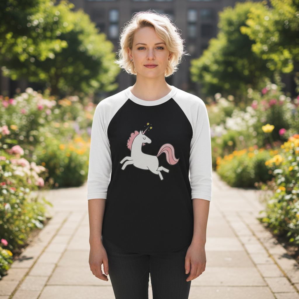 Front-facing model wearing a black-and-white raglan shirt with a leaping unicorn graphic