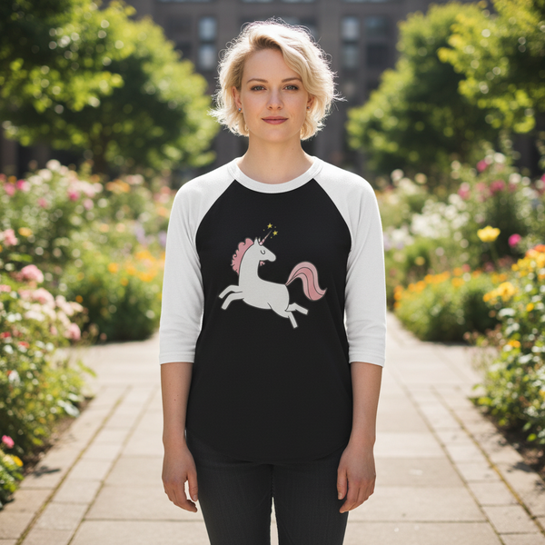 Front-facing model wearing a black-and-white raglan shirt with a leaping unicorn graphic