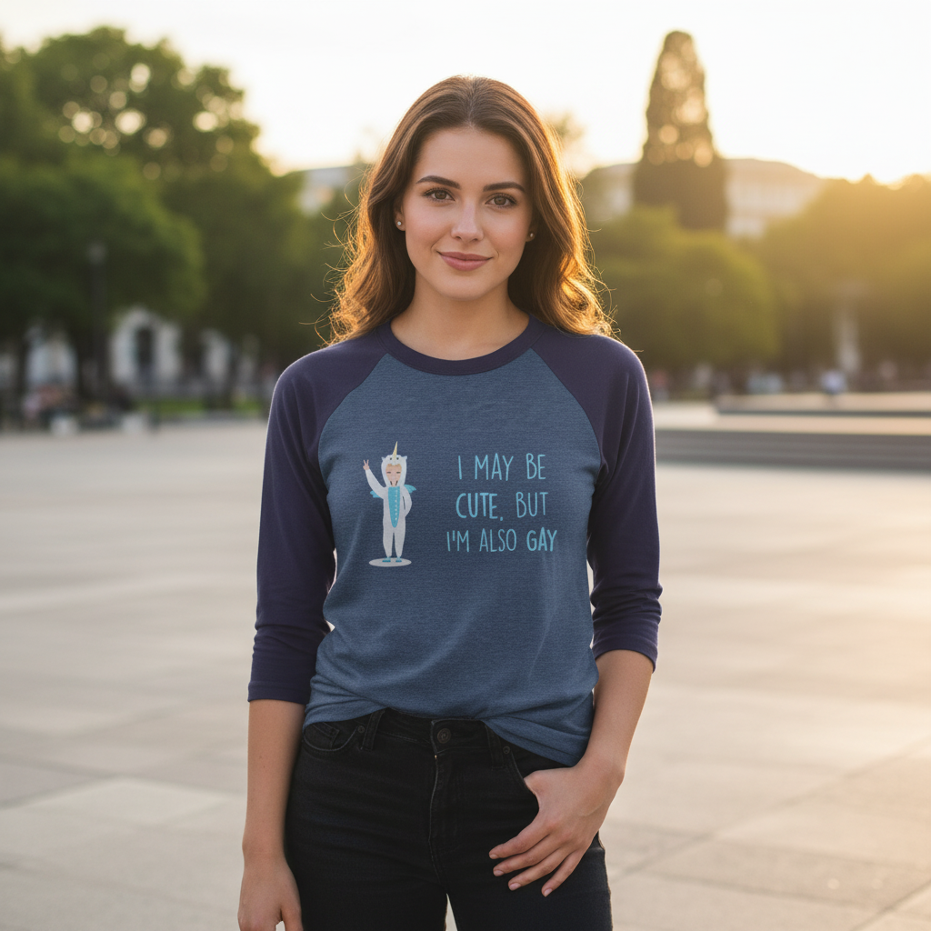 Cute But Gay 3/4 sleeve raglan shirt with cartoon and “I may be cute, but I'm also gay”, worn at sunset by a smiling woman.