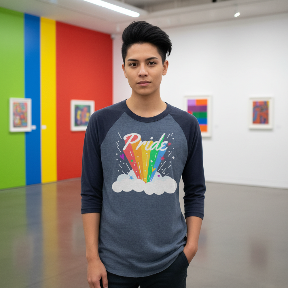 Pride Rainbow 3/4 Sleeve Raglan Shirt worn by a person with short dark hair in a gallery with bold rainbow-striped wall art.