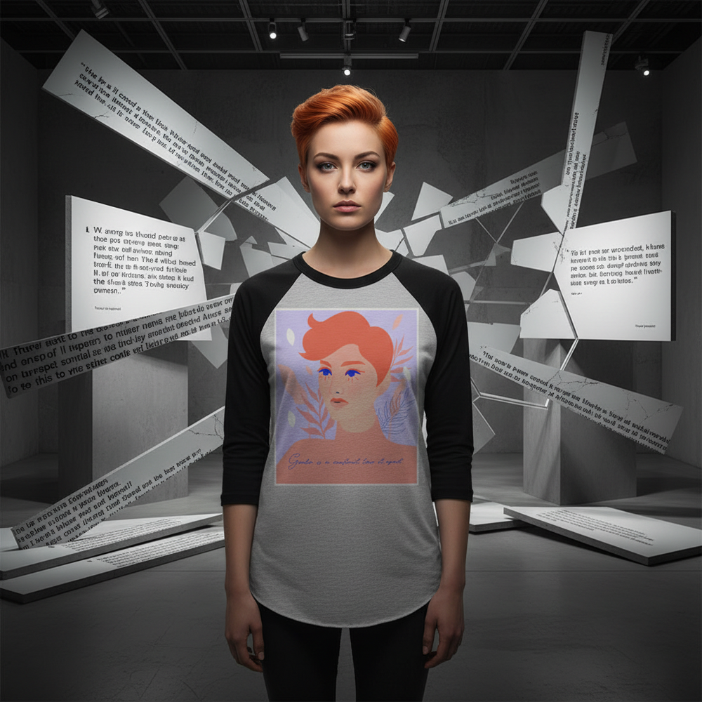 3/4 sleeve raglan shirt with “Gender Is A Construct Tear It Apart” slogan, worn by orange-haired woman in moody gallery.
