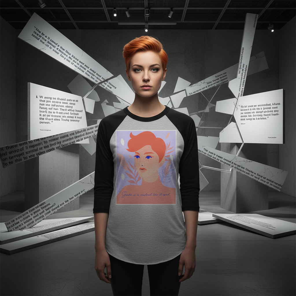3/4 sleeve raglan shirt with “Gender Is A Construct Tear It Apart” slogan, worn by orange-haired woman in moody gallery.