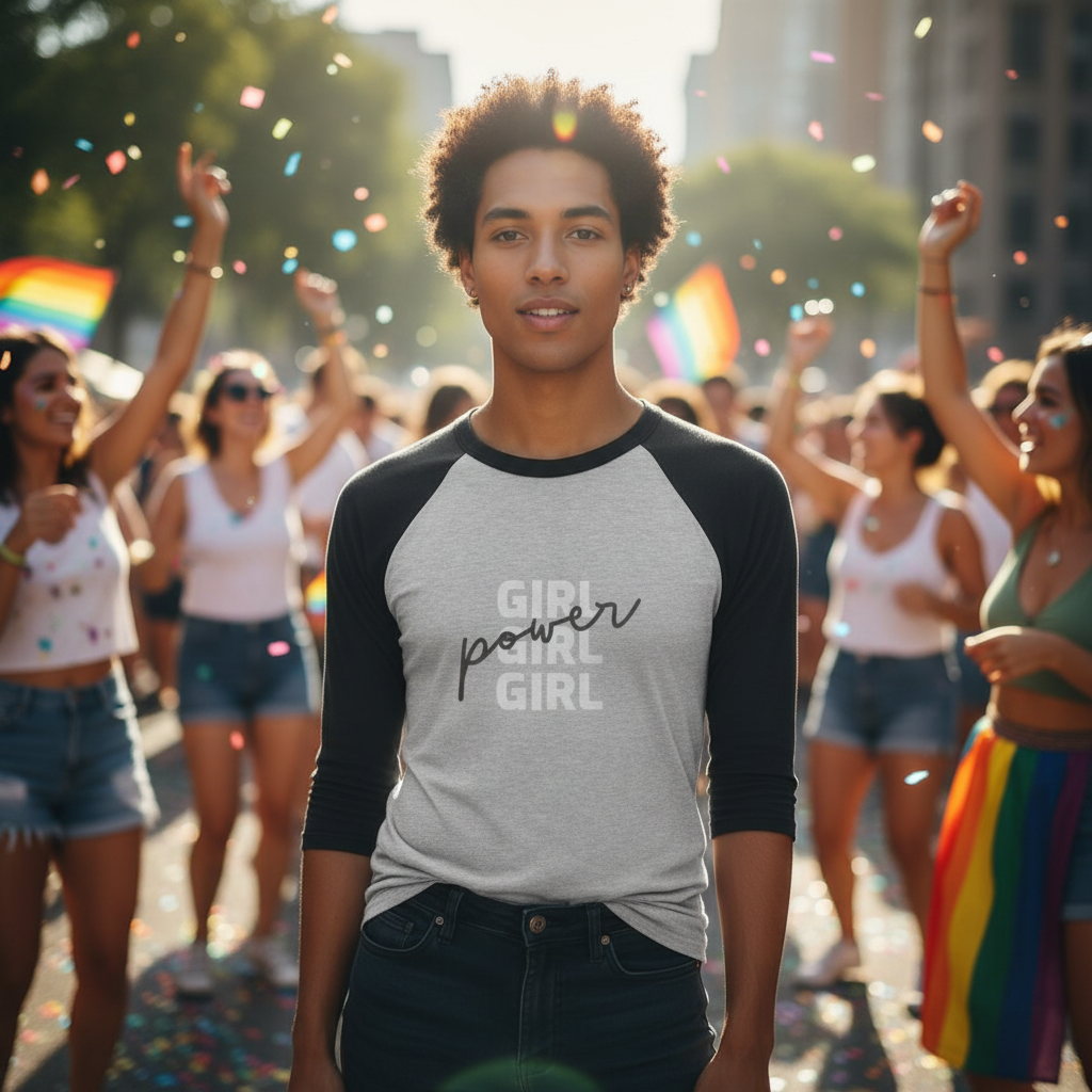 3/4 sleeve raglan shirt with "Girl Girl Girl Power" slogan, worn at an outdoor pride parade with rainbow flags and confetti.