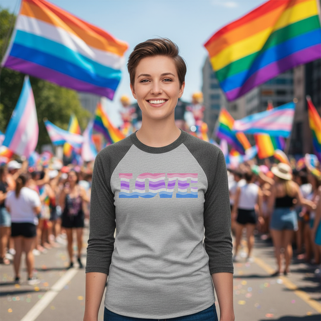 3/4 sleeve raglan shirt with “LOVE” in rainbow colors, worn by a smiling person at a sunny Pride parade with waving Pride flags.