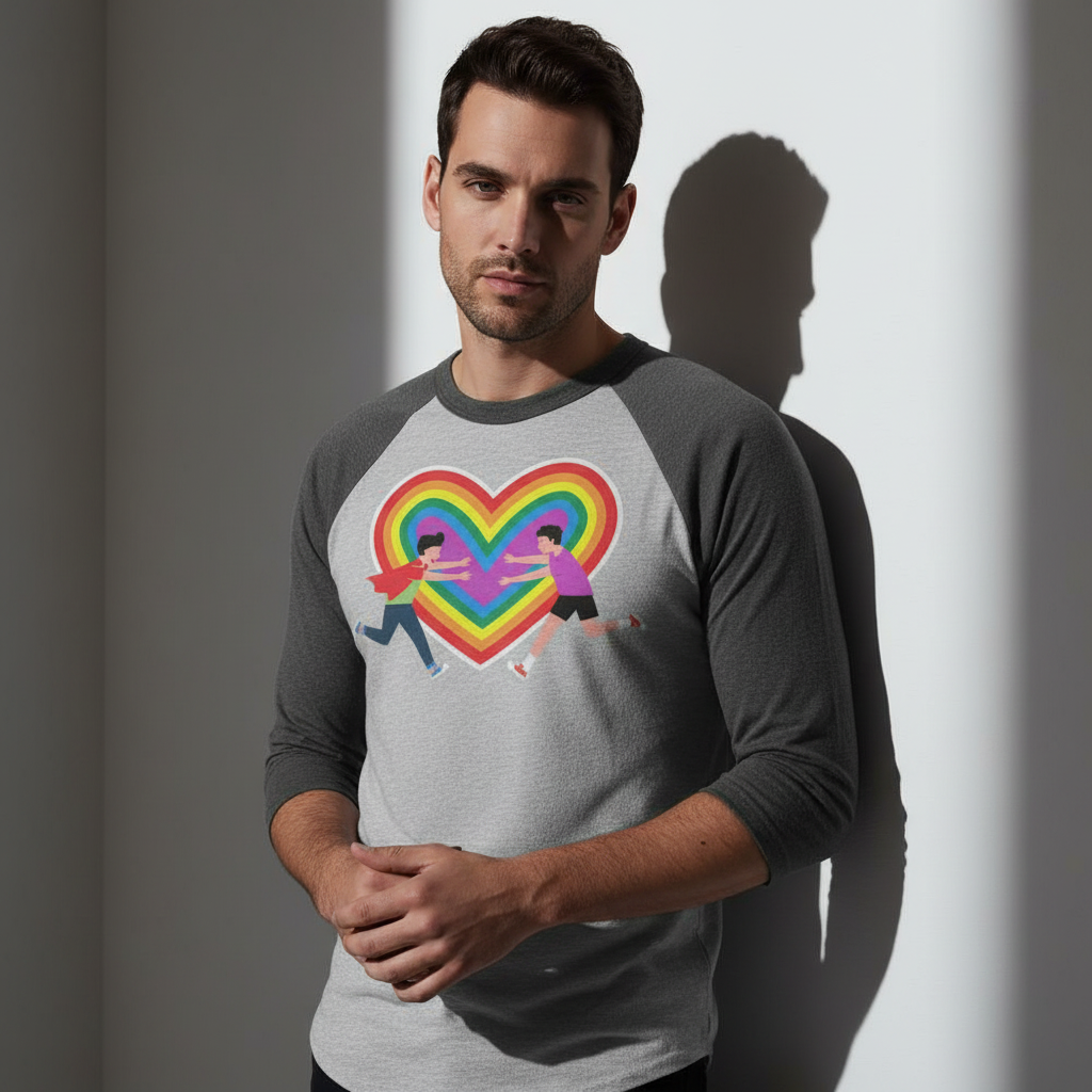 Gay Couple 3/4 Sleeve Raglan Shirt with two cartoon figures in a rainbow heart; worn by a man with short dark hair in sunlight.