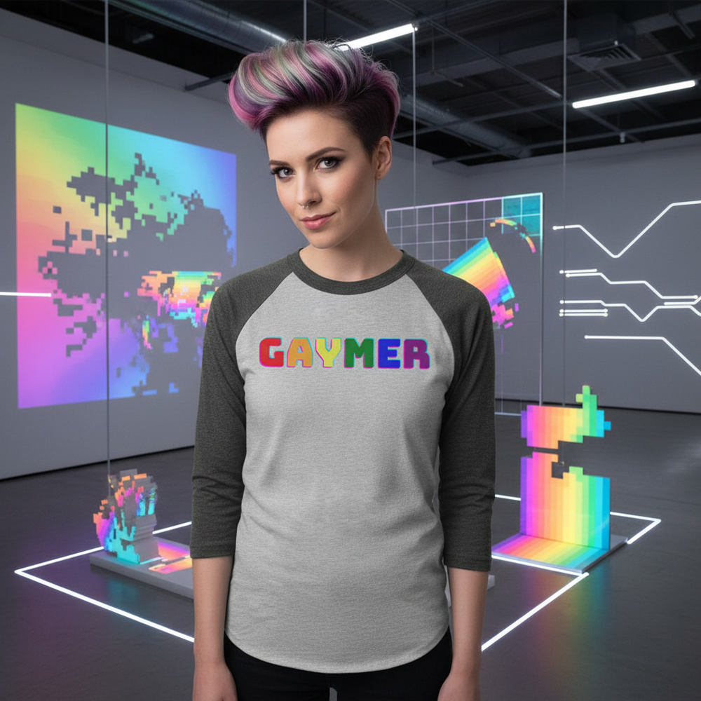 Gaymer 3/4 Sleeve Raglan Shirt, worn by a queer person with short, colorful hair, pops in a neon pixel art gallery scene.