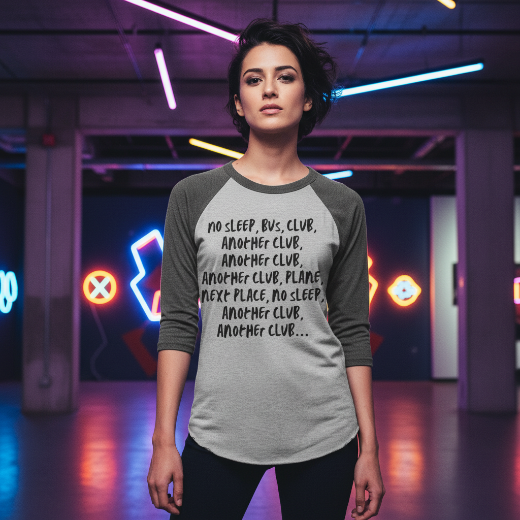 No Sleep, Bus, Club, Another Club 3/4 sleeve raglan shirt with black sleeves and bold LGBTQ slogan for confident queer style.