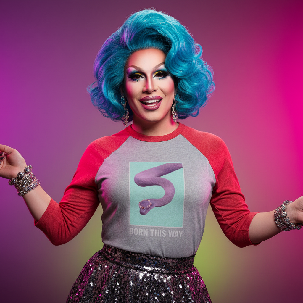Born This Way 3/4 Sleeve Raglan Shirt, rocked by a drag queen in bold blue hair, sequined skirt; pink-purple glam background.