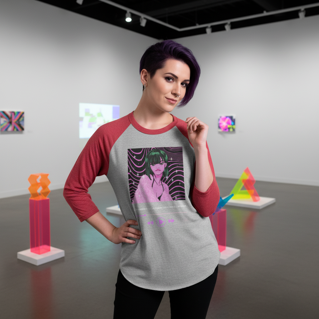 Model wearing a gray raglan shirt with red sleeves and a purple-haired anime graphic