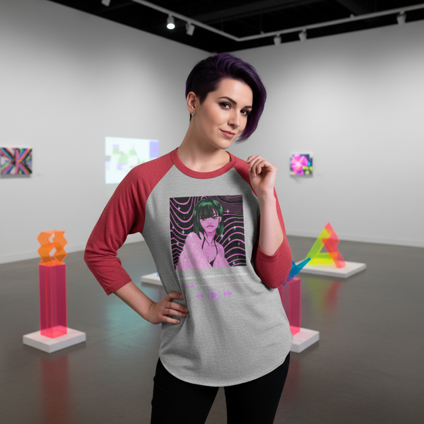 Model wearing a gray raglan shirt with red sleeves and a purple-haired anime graphic