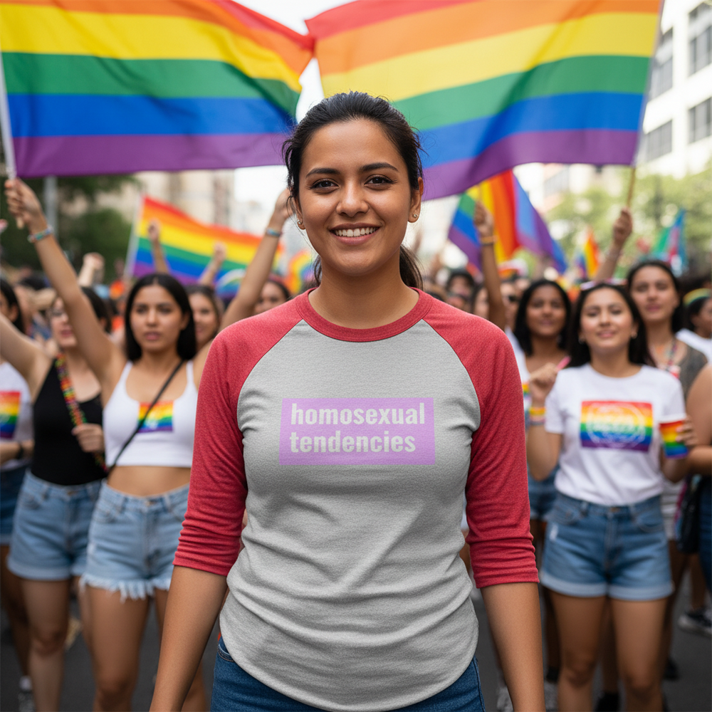 Homosexual Tendencies 3/4 Sleeve Raglan Shirt worn by a smiling woman at a pride parade, rainbow flags and LGBTQ+ vibes.