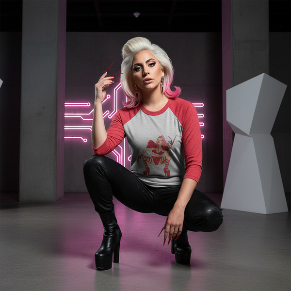 Model crouching in a gray-and-red raglan shirt with a central red graphic, leather pants, and platform boots