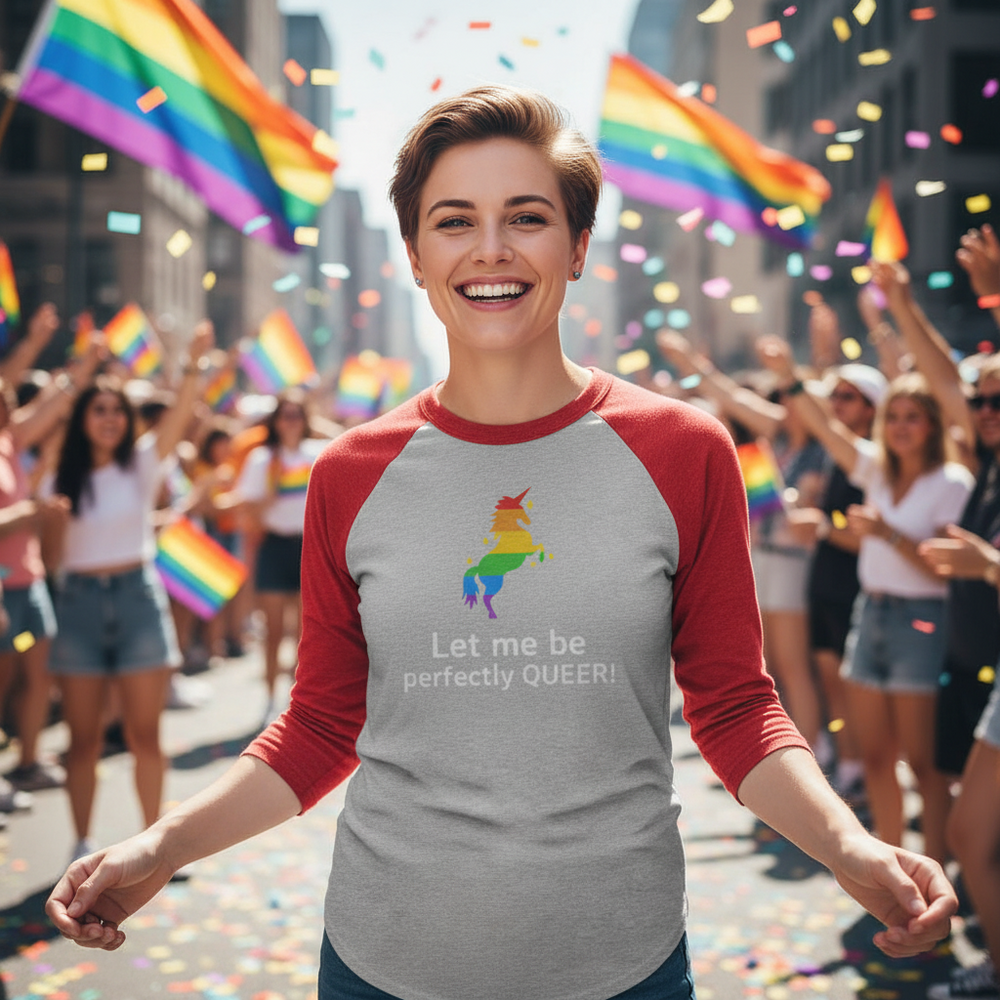 Front view of a gray raglan shirt with red sleeves, rainbow unicorn, and “Let me be perfectly QUEER!” text