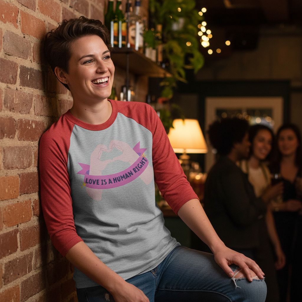 3/4 sleeve raglan tee with gray and red sleeves, “Love Is A Human Right” slogan, heart hands graphic; cozy queer bar vibes.