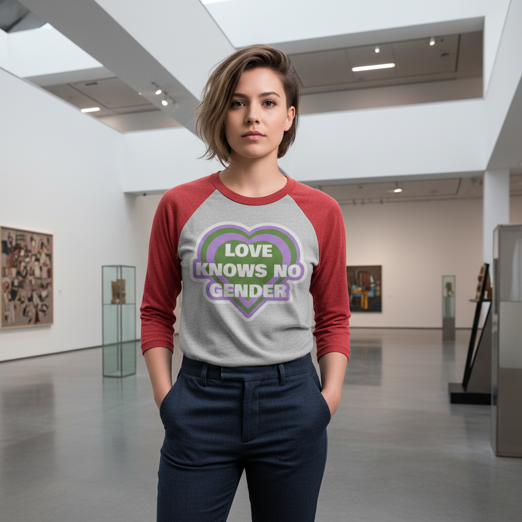 Genderqueer 3/4 sleeve raglan tee with "LOVE KNOWS NO GENDER" in a green and purple heart, worn in a bright art gallery.