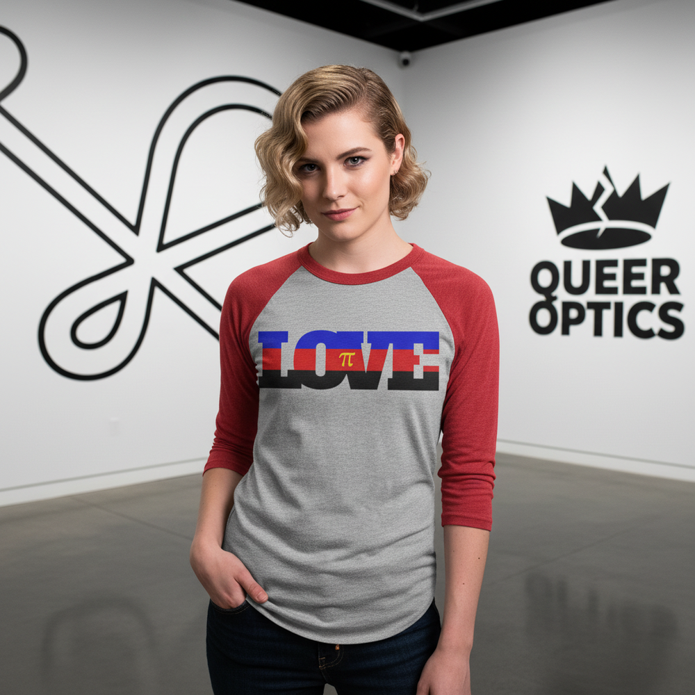 Polyamory Love 3/4 sleeve raglan shirt on a short-blonde-haired person; gallery wall reads QUEER OPTICS with a crown graphic.
