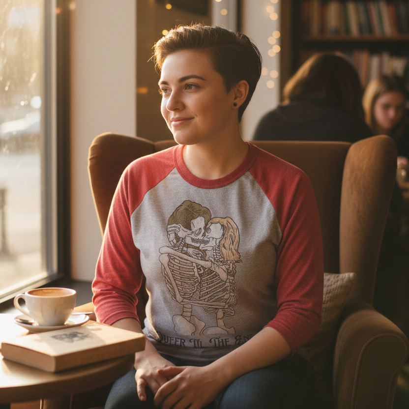 Queer Til The End" 3/4 sleeve raglan tee with hugging skeletons, worn by a person at a cozy café table with book, coffee.