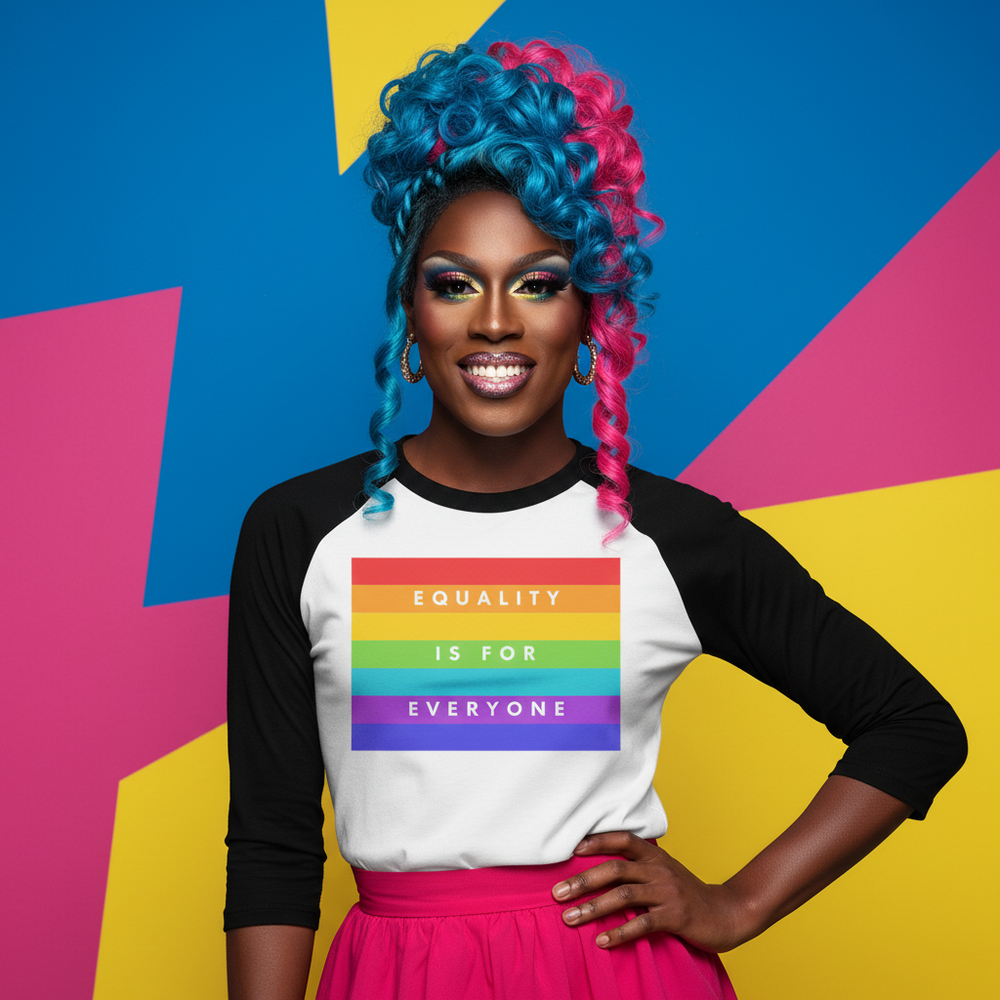 Model wears a black-sleeved raglan shirt reading “EQUALITY IS FOR EVERYONE”