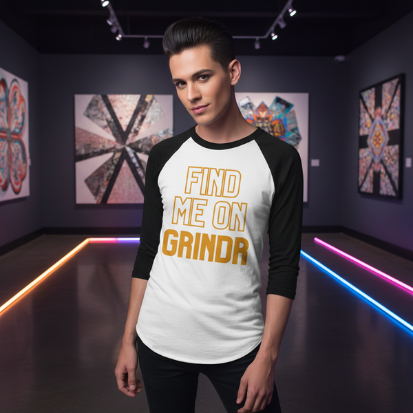Find Me On Grindr 3/4 Sleeve Raglan Shirt worn by a confident queer person in a neon-lit gallery with bold abstract art.