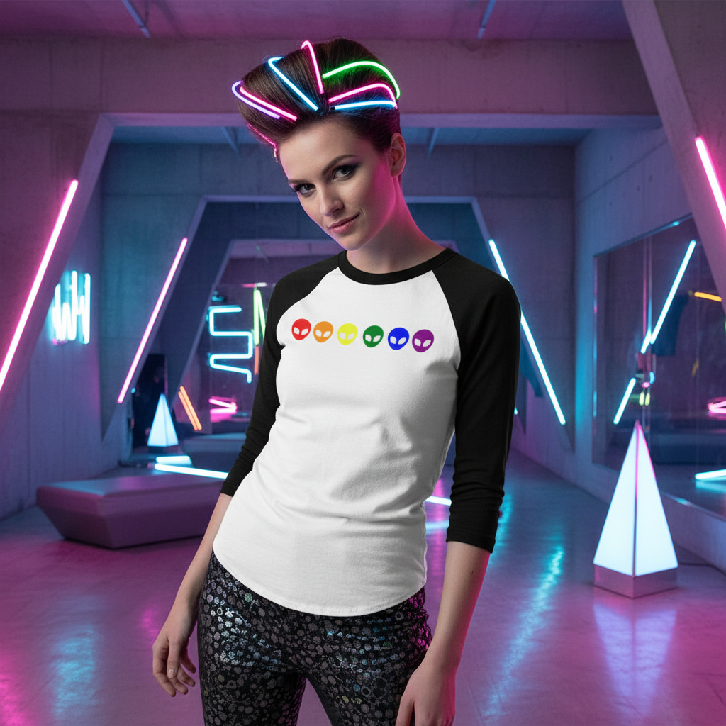 Gay Alien 3/4 Sleeve Raglan Shirt with six vibrant alien faces, worn with patterned leggings in a neon-lit cyberpunk setting.