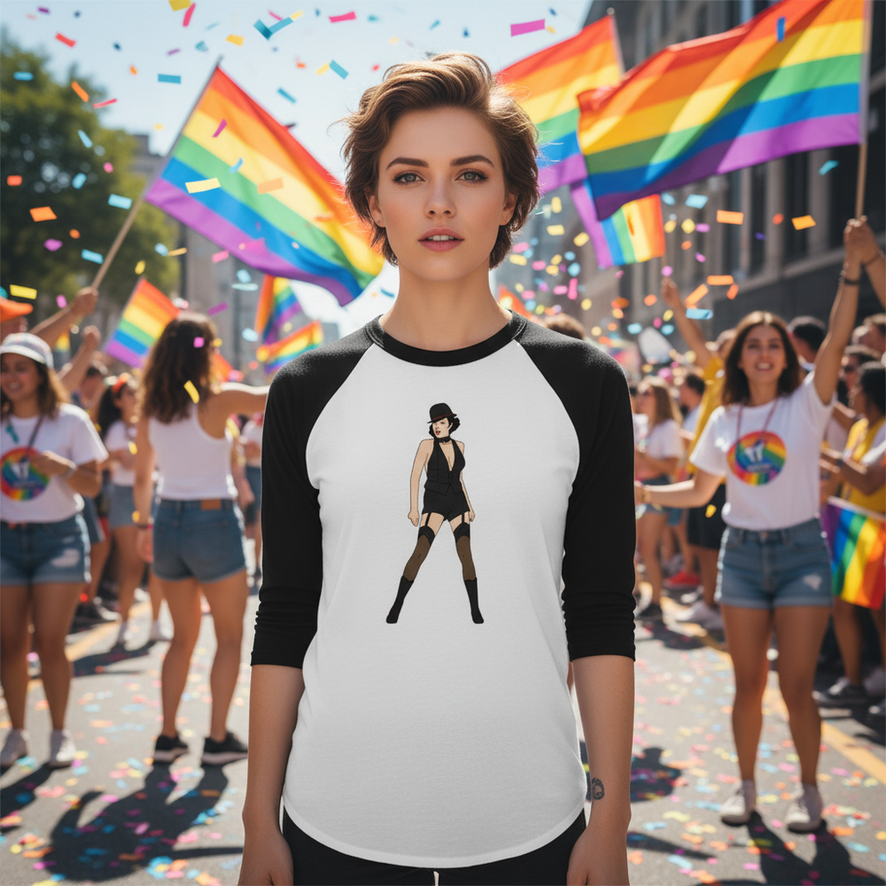 Liza Minnelli 3/4 sleeve raglan shirt on a proud, short-haired queer in rainbow flags and confetti at a lively Pride parade.