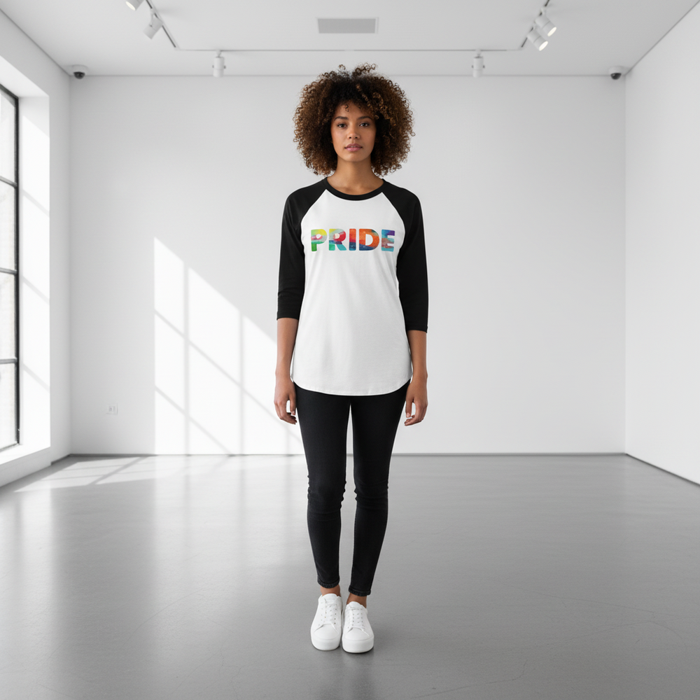 Pride 3/4 sleeve raglan shirt in white and black, “PRIDE” in rainbow letters; worn with black pants, white sneakers.