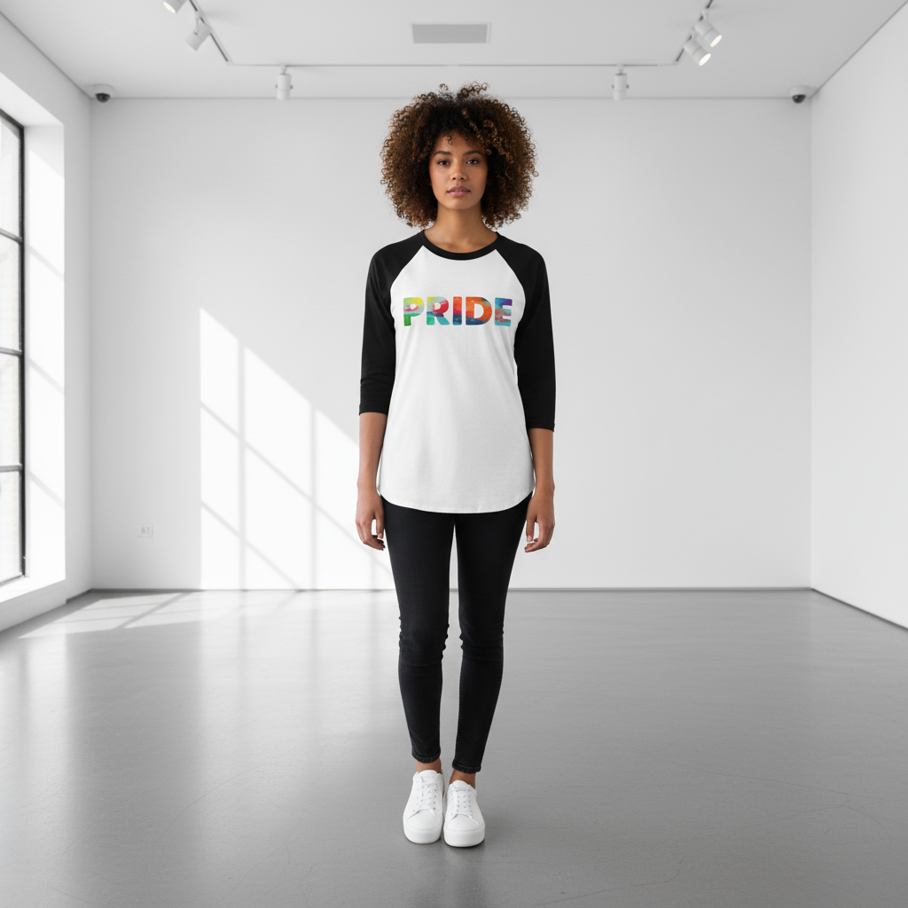 Pride 3/4 sleeve raglan shirt in white and black, “PRIDE” in rainbow letters; worn with black pants, white sneakers.