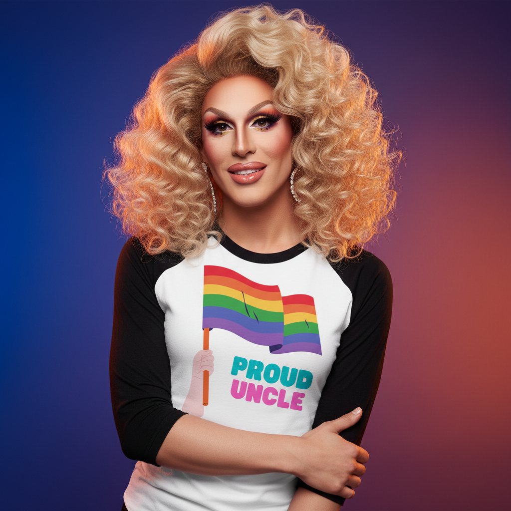 Model wearing a white raglan shirt with black sleeves, rainbow flags, and “PROUD UNCLE” text