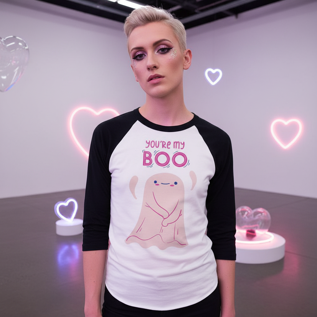 Model wearing a white-and-black raglan shirt reading “YOU’RE MY BOO” with a ghost graphic