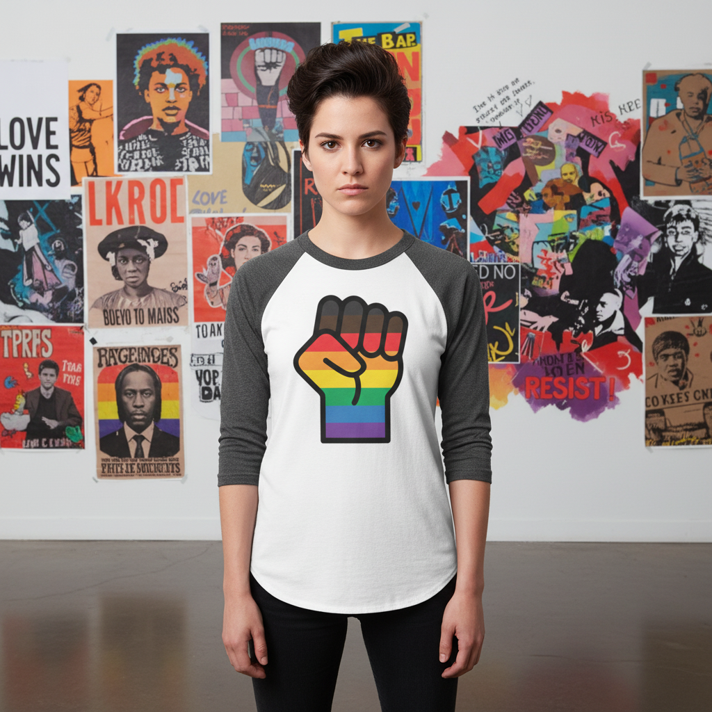 3/4 sleeve raglan shirt reads “BLM LGBT Resist,” with a rainbow fist. Worn indoors, backed by activism and pride posters.