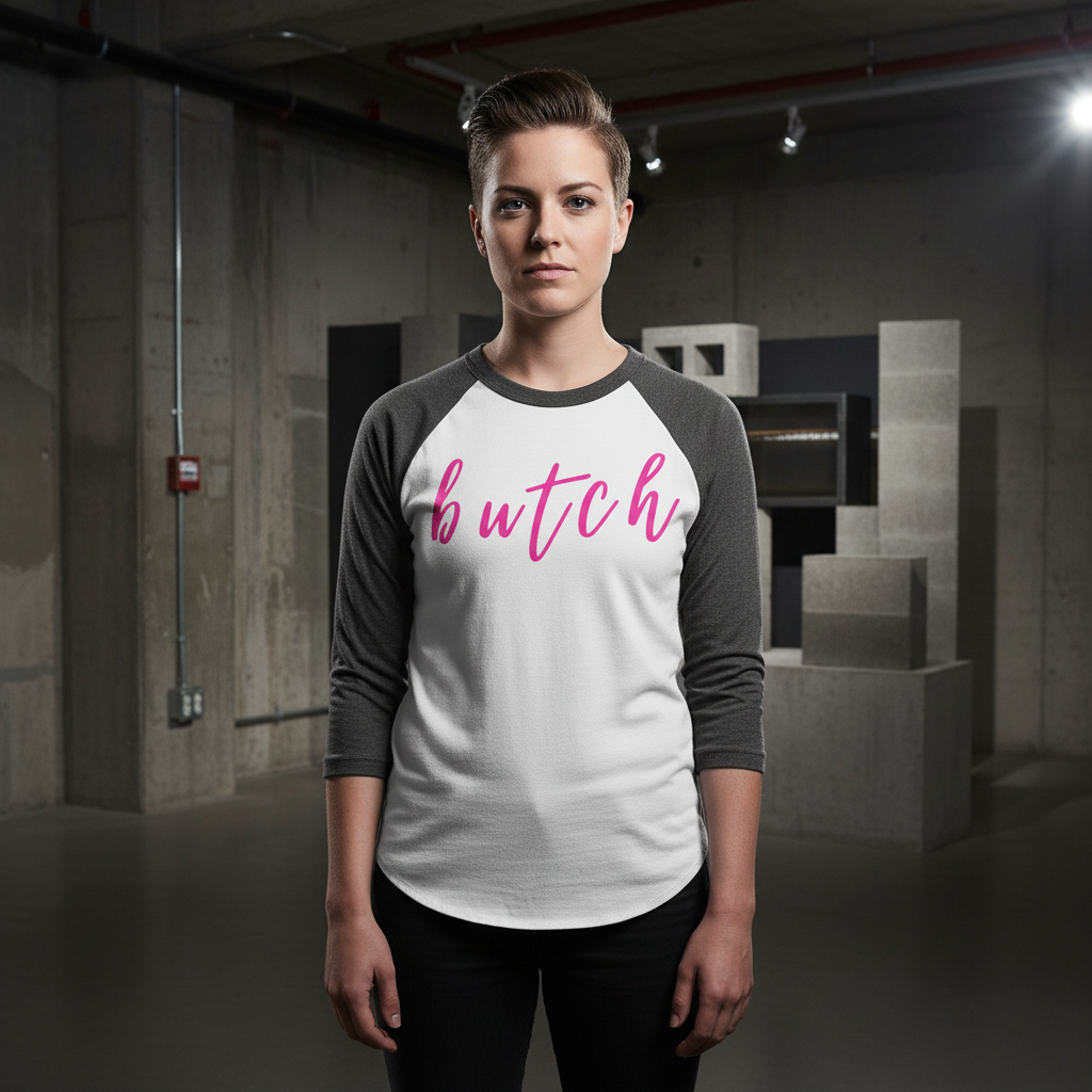 Butch 3/4 Sleeve Raglan Shirt in white and gray, “butch” in pink script, worn by short-haired person; queer bold vibes.
