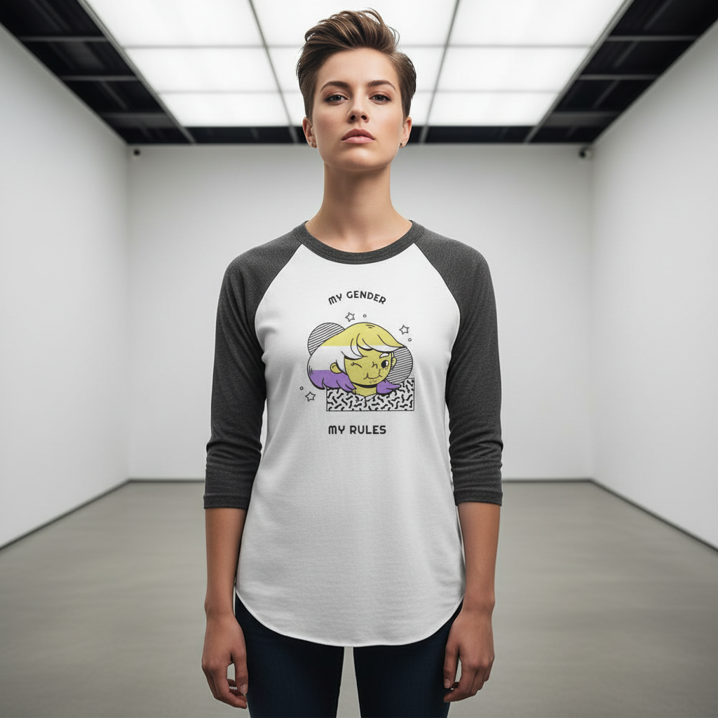 My Gender My Rules" 3/4 sleeve raglan shirt on a short-haired person, bold queer gear in a sleek bright gallery space.