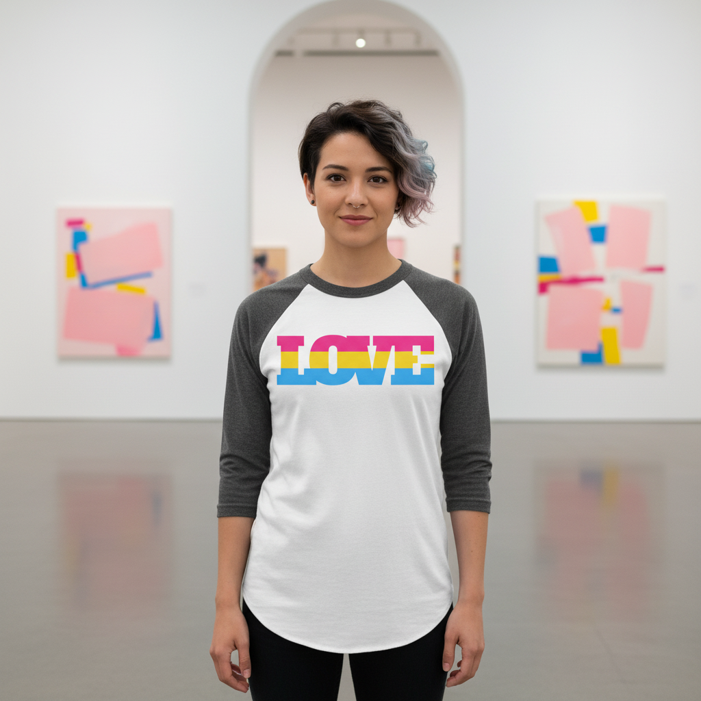Pansexual Love 3/4 Sleeve Raglan Shirt with bold "LOVE" text worn by a person, art and white gallery walls as backdrop.