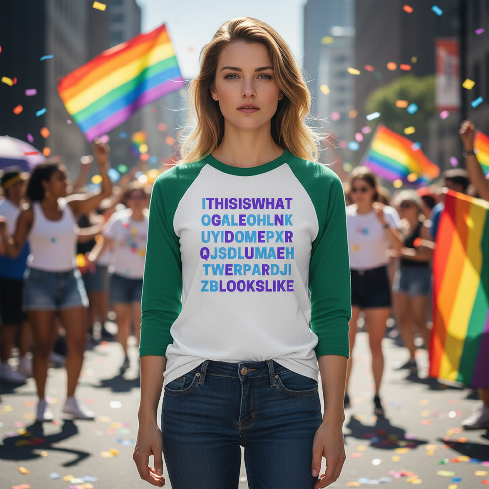 3/4 sleeve raglan shirt reading "This Is What Genderqueer Looks Like," worn at a pride parade with rainbow flags behind.