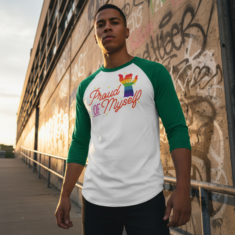 Proud Of Myself 3/4 Sleeve Raglan Shirt with rainbow stripes and bold fist, slogan “Proud of Myself,” radiates queer pride.
