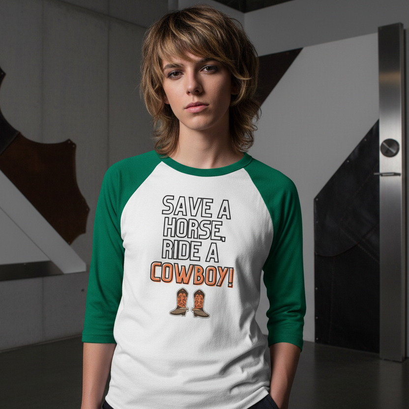 Model wearing a white and green raglan shirt reading “SAVE A HORSE, RIDE A COWBOY!”