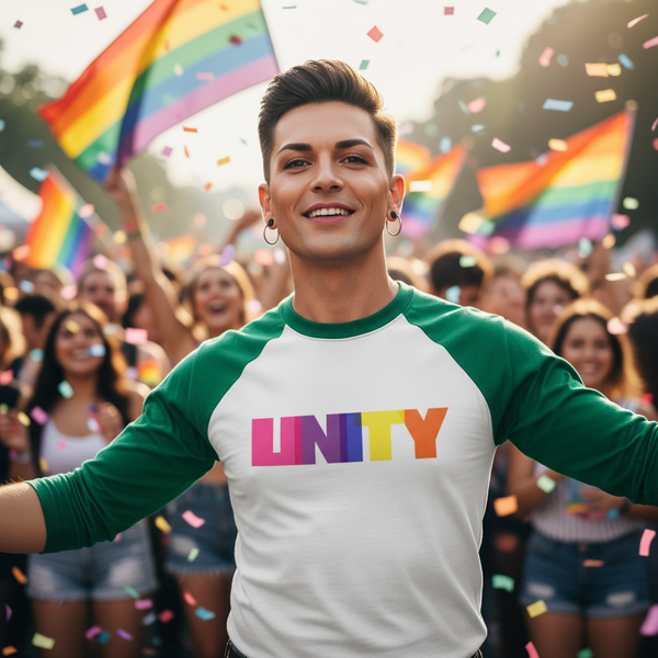 Person wearing a white and green raglan shirt reading “UNITY” at a Pride celebration