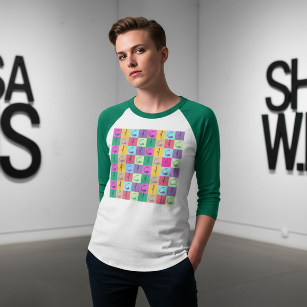 Model wearing a white and green raglan shirt with a colorful vibrator grid graphic