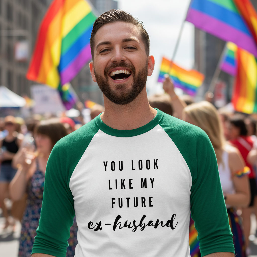 Bearded person smiling at a Pride rally in a green-and-white raglan shirt reading “YOU LOOK LIKE MY FUTURE ex-husband.”