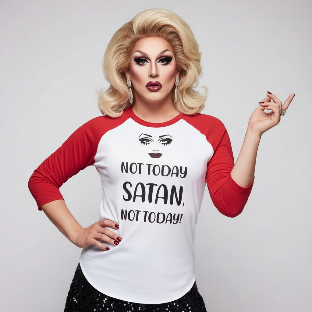 Drag performer wearing a red-and-white raglan shirt reading “Not Today Satan, Not Today!”