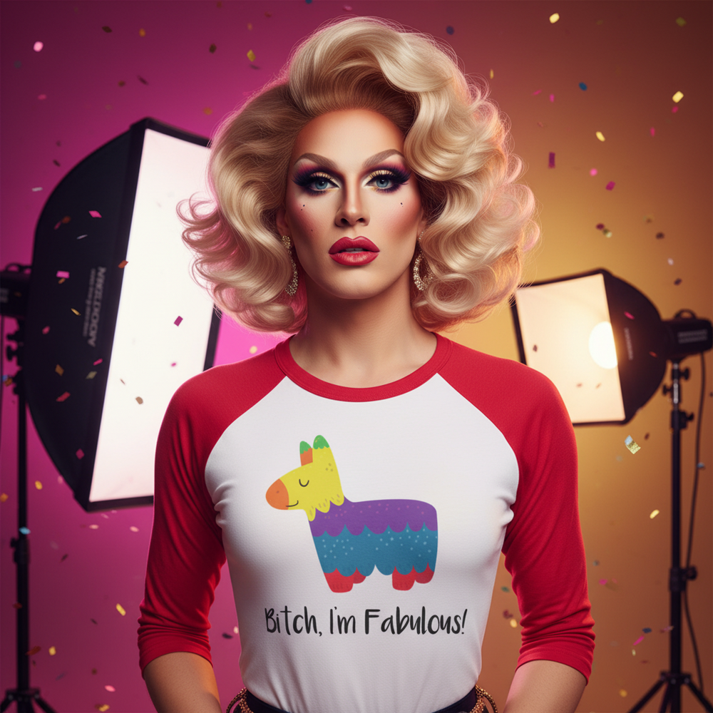 3/4 sleeve raglan shirt, red and white, worn by a drag queen with bold makeup; “Bitch, I’m Fabulous!” llama graphic.