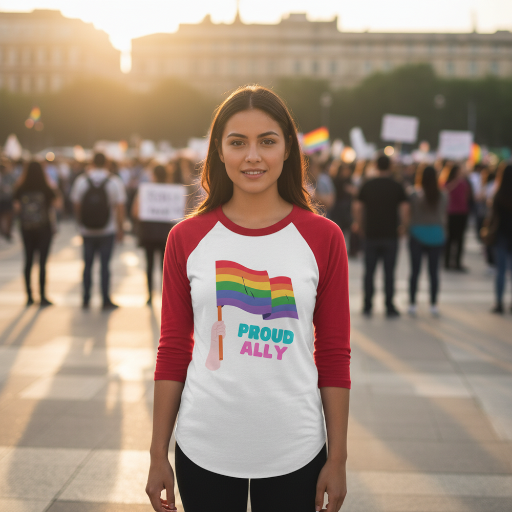 Proud Ally 3/4 Sleeve Raglan Shirt in white and red, rainbow flag, “Proud Ally” text; wearer at pride rally, crowd behind.