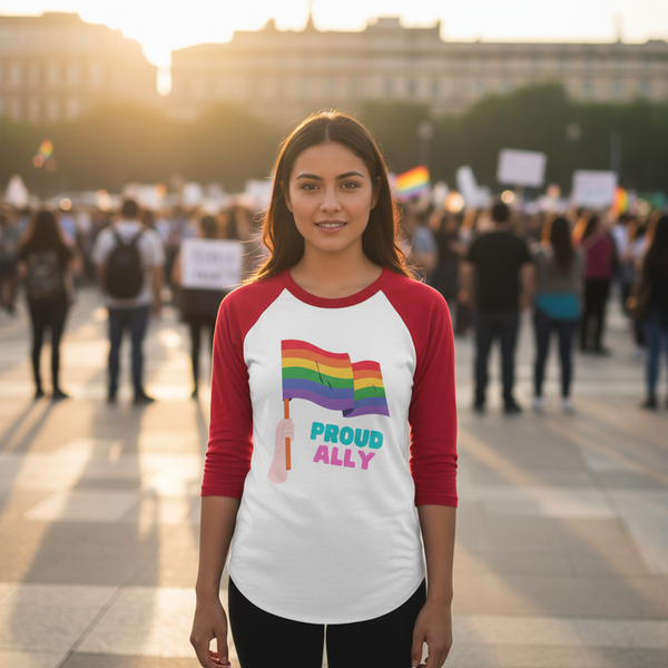 Proud Ally 3/4 Sleeve Raglan Shirt in white and red, rainbow flag, “Proud Ally” text; wearer at pride rally, crowd behind.
