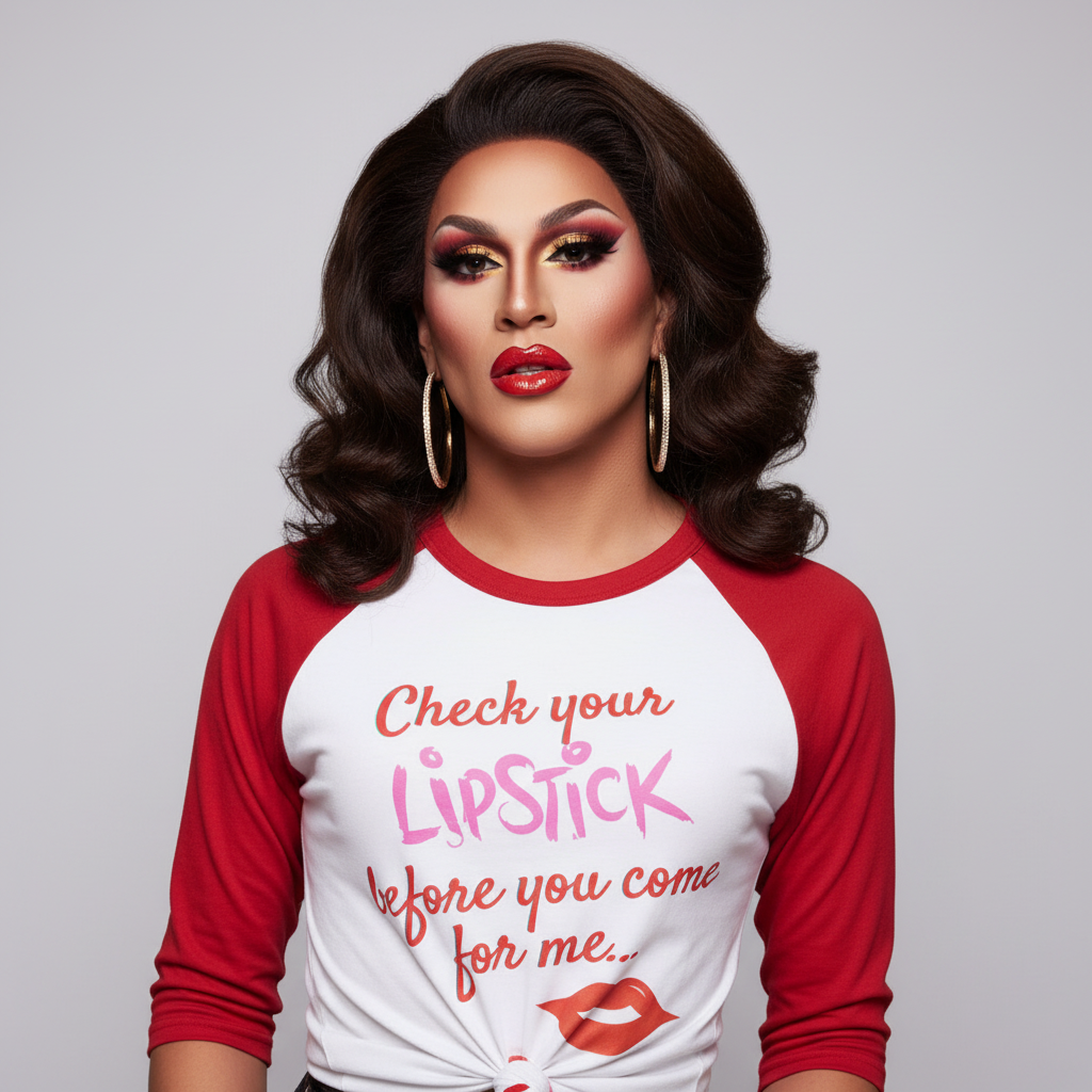 Check Your Lipstick 3/4 Sleeve Raglan Shirt with bold lettering, modeled by someone in drag makeup and hoops, posing on light gray.